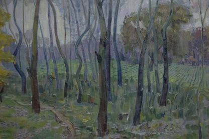 Serene impressionist oil painting of great autumn trees in forest, unknown artist