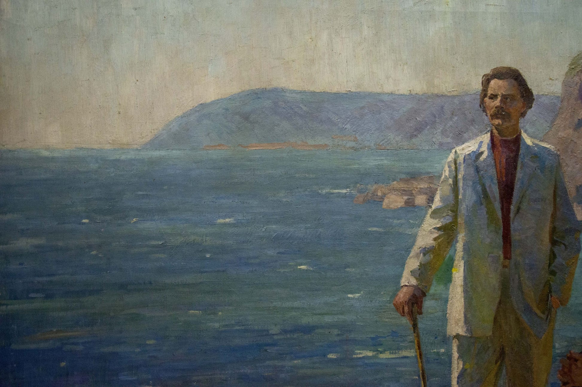 Oil painting of man in suit with cane by sea, Meeting with Lenin by Kogan-Shats