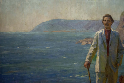 Oil painting of man in suit with cane by sea, Meeting with Lenin by Kogan-Shats
