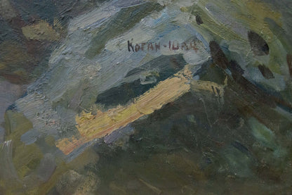 Back of oil painting Meeting with Lenin by Matvey Borisovich Kogan-Shats with koran-luss signature over abstract green-gray landscape