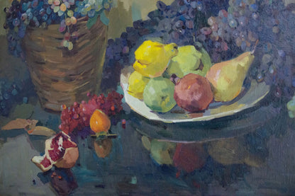 Oil painting by Karnaukh Petr Mikhailovich: colorful pears, apples, pomegranate on plate