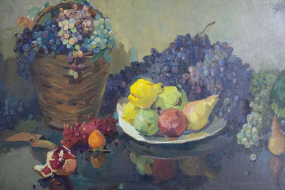 Oil painting by Karnaukh Petr Mikhailovich: wicker basket with purple green grapes