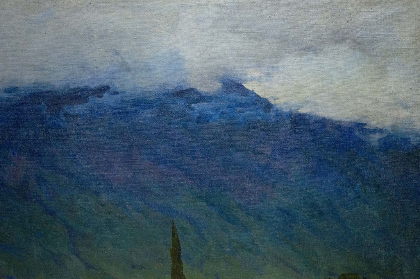 Textured oil painting of misty blue-green mountains by Bondarenko Vladimir Ivanovich