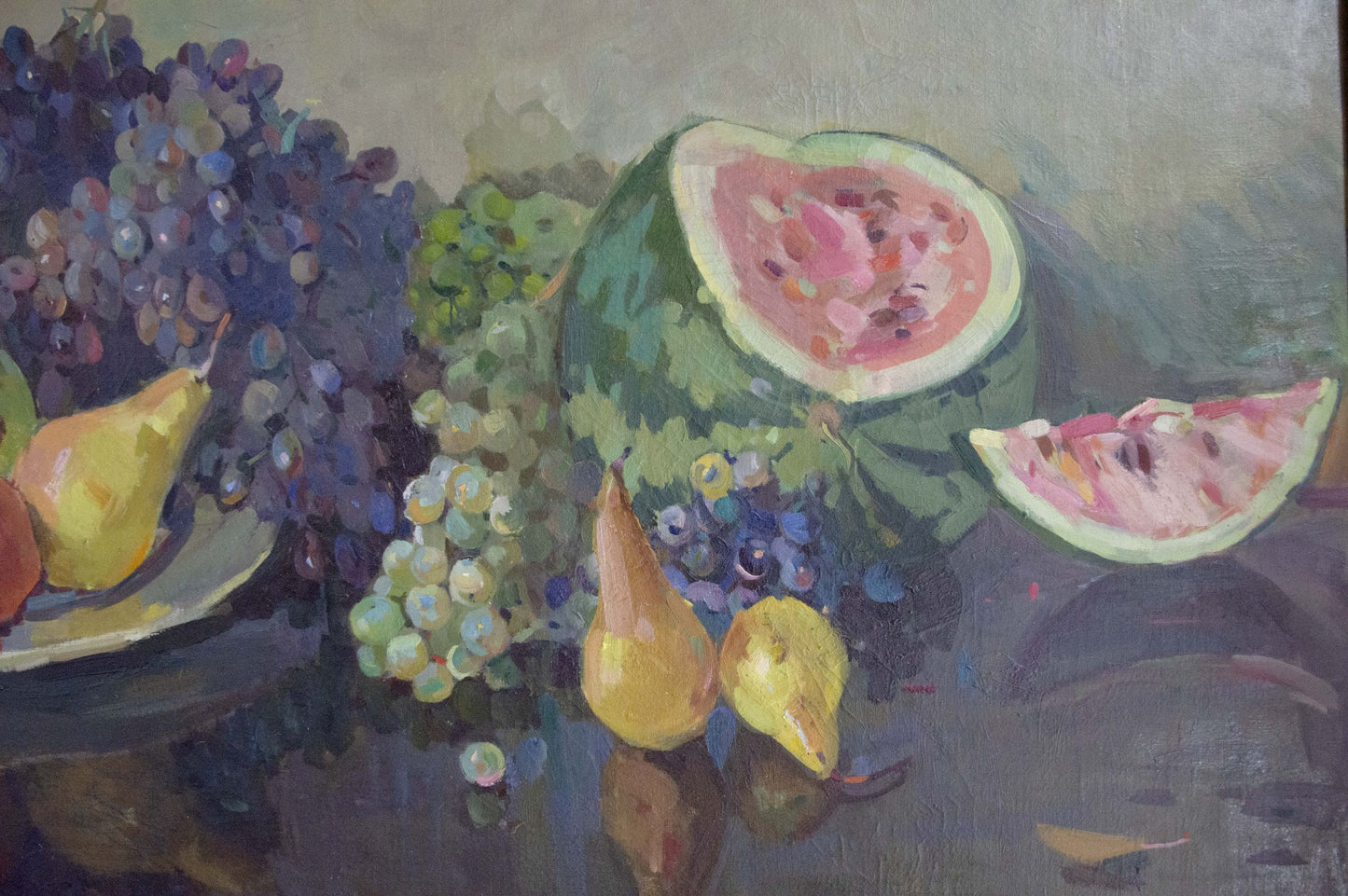 Oil painting by Karnaukh Petr Mikhailovich: vibrant watermelon with grapes, pears