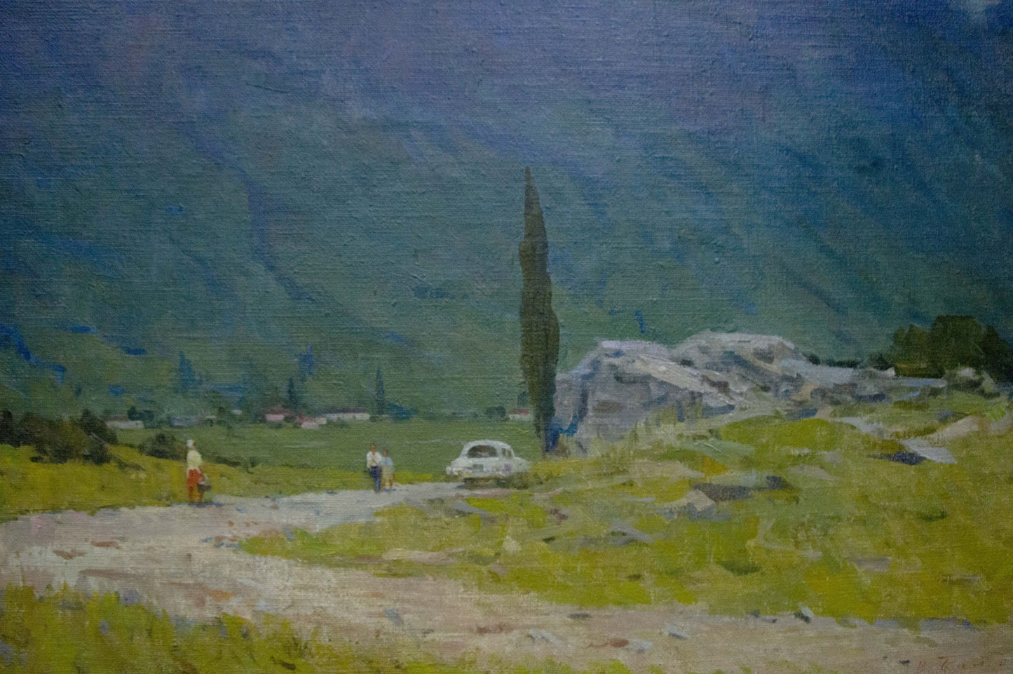 Oil painting by Bondarenko Vladimir Ivanovich: white vintage car on dirt road near green hills and rocks