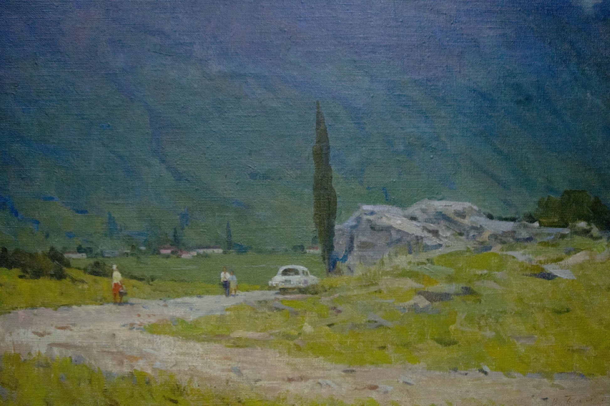 Oil painting by Bondarenko Vladimir Ivanovich: white vintage car on dirt road near green hills and rocks