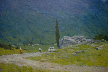 Oil painting by Bondarenko Vladimir Ivanovich: white vintage car on dirt road near green hills and rocks