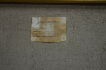 Weathered beige paper label on back of Meeting with Lenin oil painting by Kogan-Shats Matvey Borisovich
