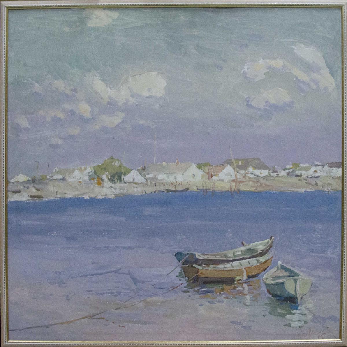 Oil painting by Sulimenko Petr Stepanovich: coastal boats, white houses, purple sky