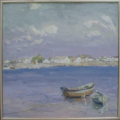 Oil painting by Sulimenko Petr Stepanovich: coastal boats, white houses, purple sky
