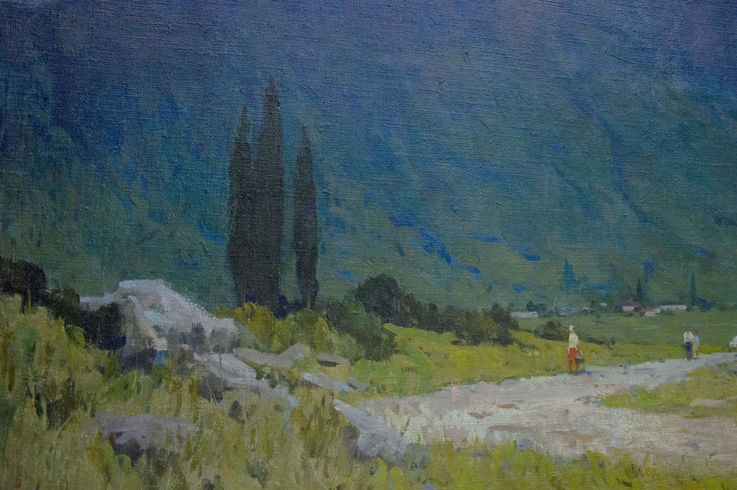 Oil painting of cypress trees and misty mountains by Bondarenko Vladimir Ivanovich