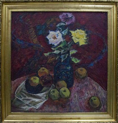 Oil painting by Sakhnenko Victor Ivanovich: dark blue textured vase with white yellow roses on red background
