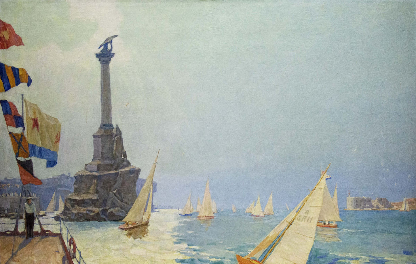 Oil painting Near the shore by Vladimir Kozyuk: tall gray column with bird statue in harbor