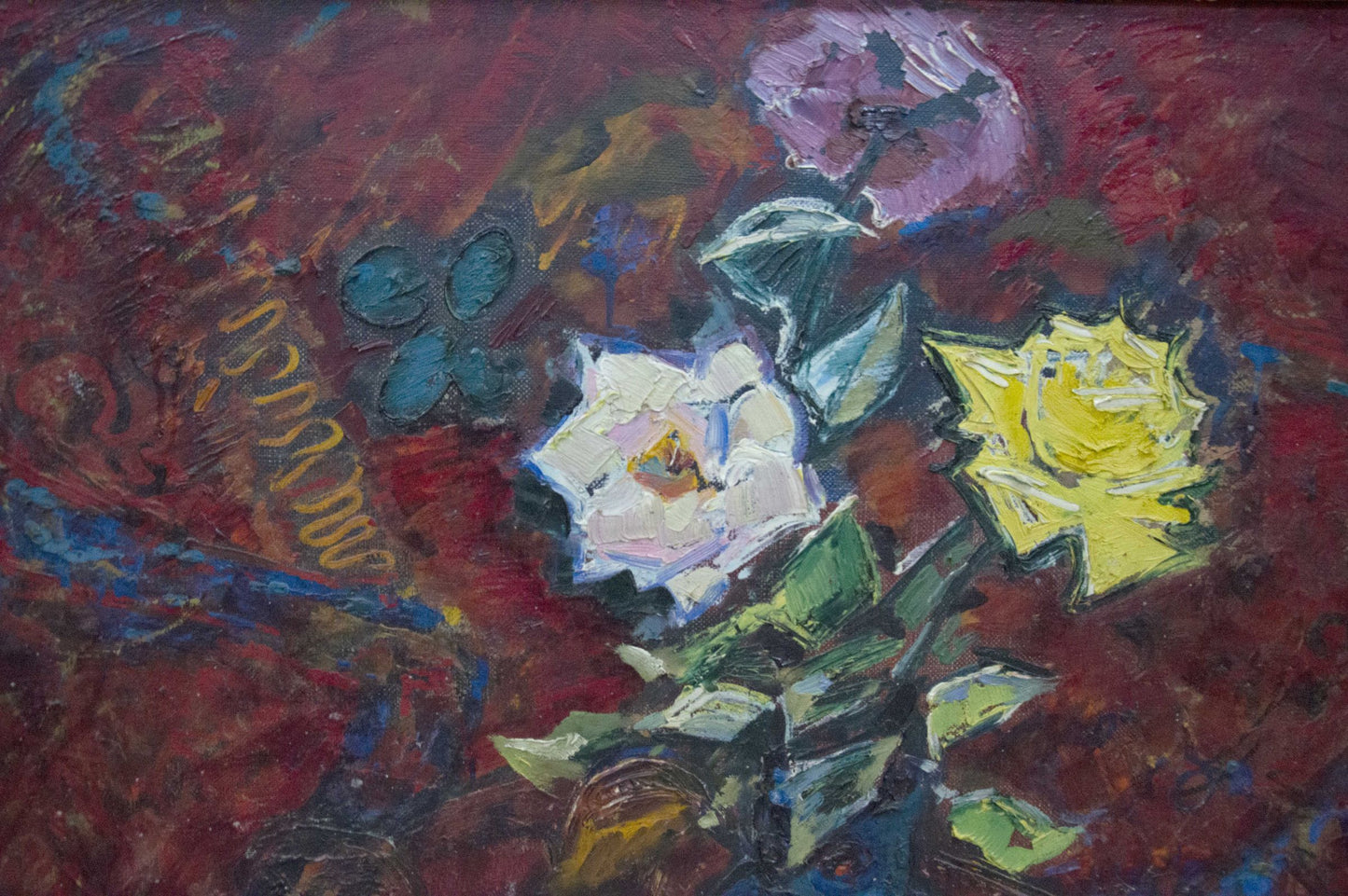 Vibrant impressionist oil painting of white yellow purple roses on red background by Sakhnenko Victor Ivanovich