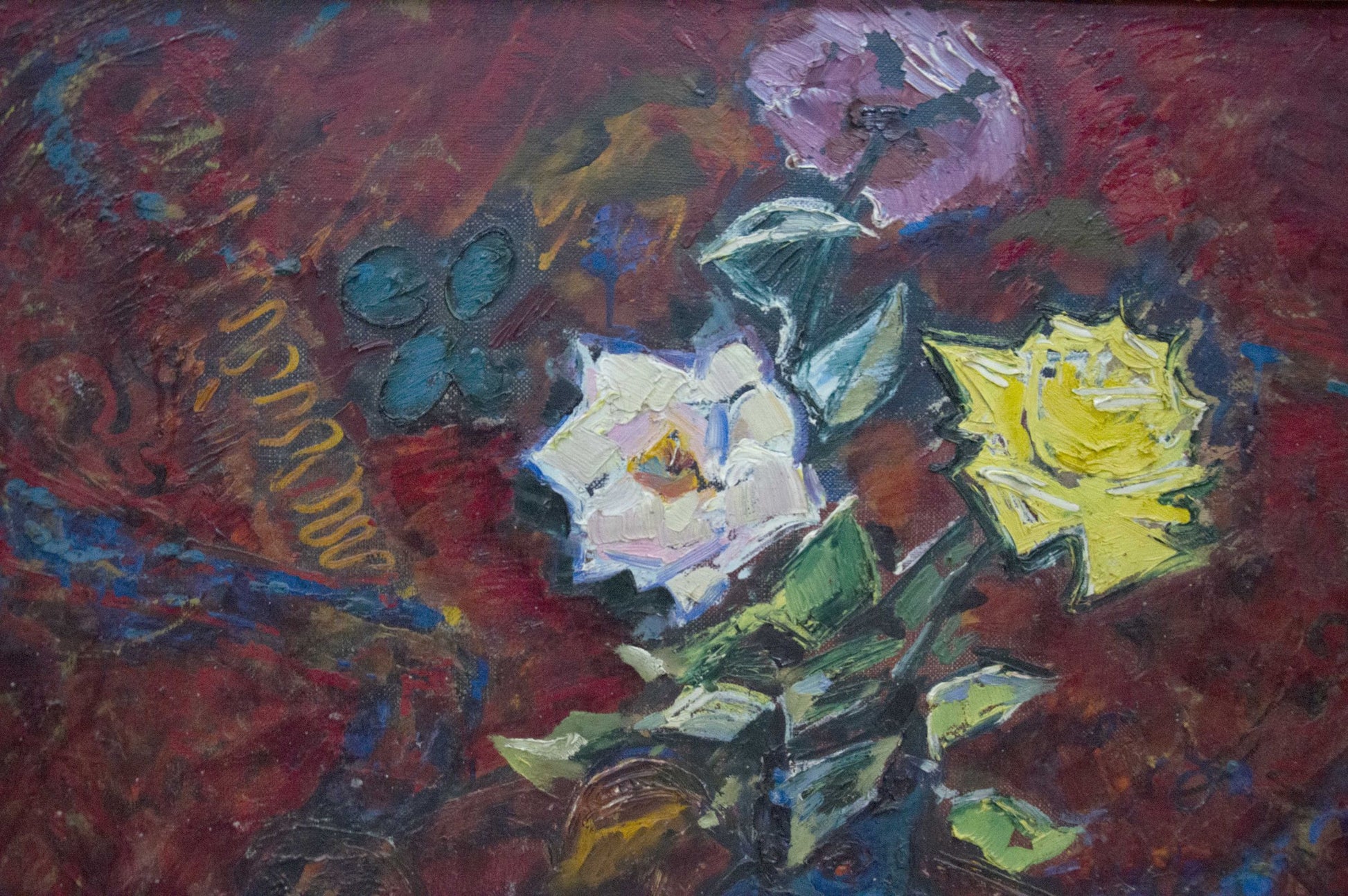Vibrant impressionist oil painting of white yellow purple roses on red background by Sakhnenko Victor Ivanovich