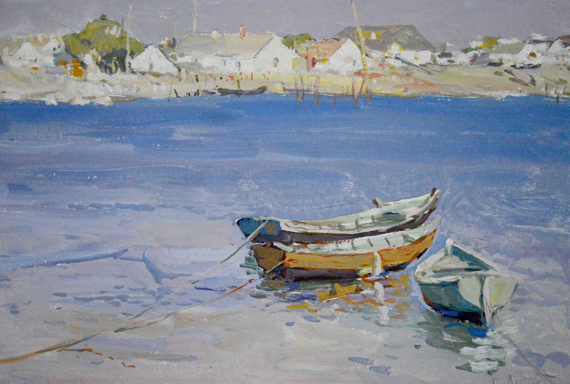 Oil painting by Sulimenko Petr Stepanovich: two weathered rowboats on calm coastal water