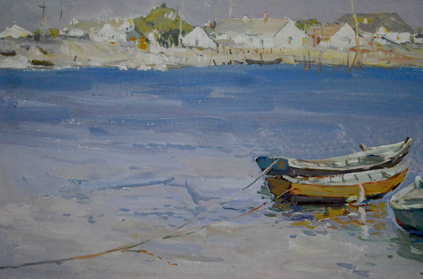 Oil painting by Sulimenko Petr Stepanovich: two weathered boats on calm shoreline