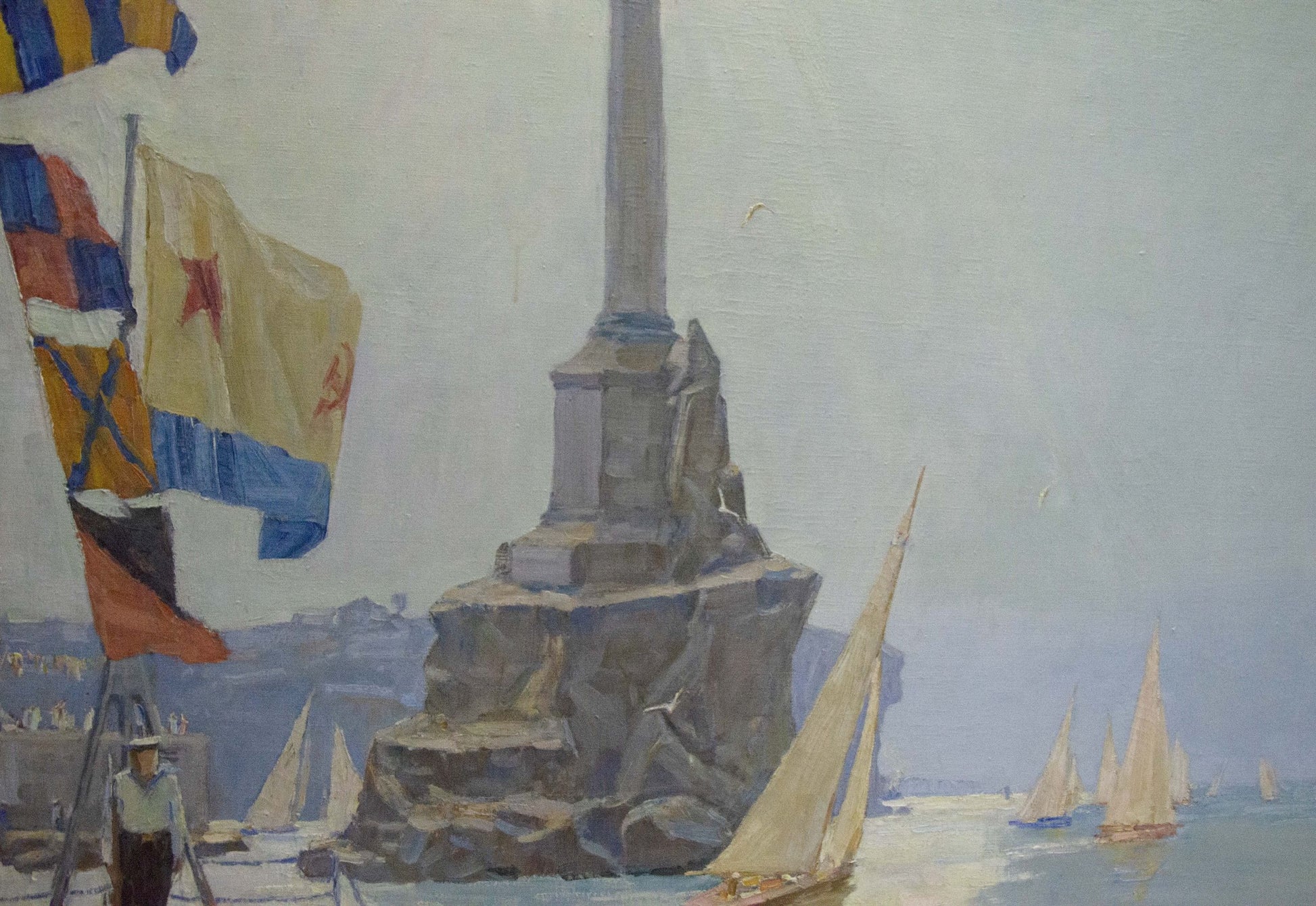Oil painting by Vladimir Kozyuk: tall gray stone monument near shore