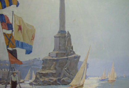 Oil painting by Vladimir Kozyuk: tall gray stone monument near shore