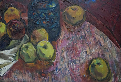 Oil painting of green yellow apples on red surface by Sakhnenko Victor Ivanovich