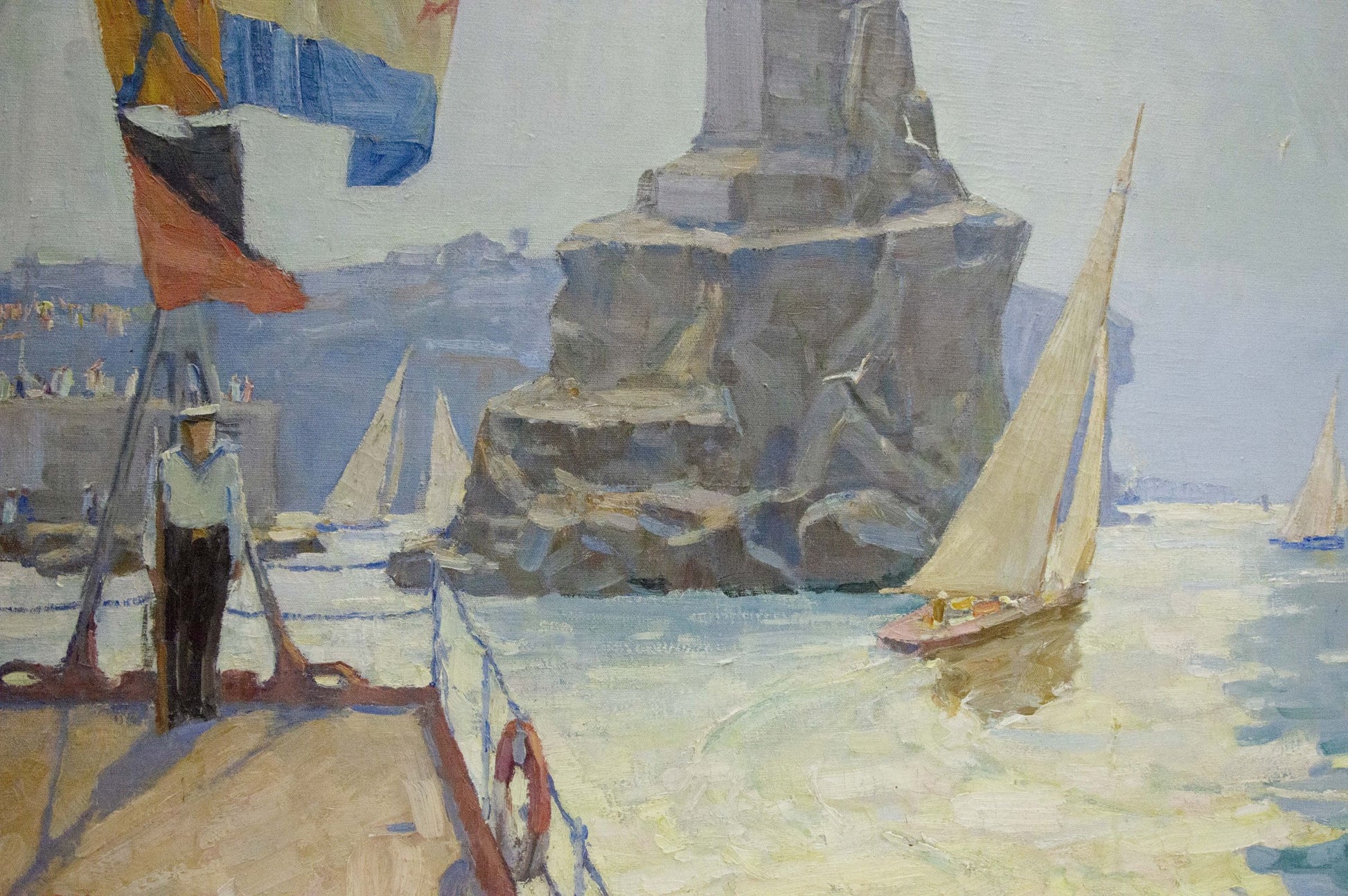 Oil painting Near the shore by Vladimir Kozyuk: man on boat deck with rope and flags