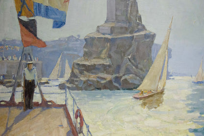 Oil painting Near the shore by Vladimir Kozyuk: man on boat deck with rope and flags