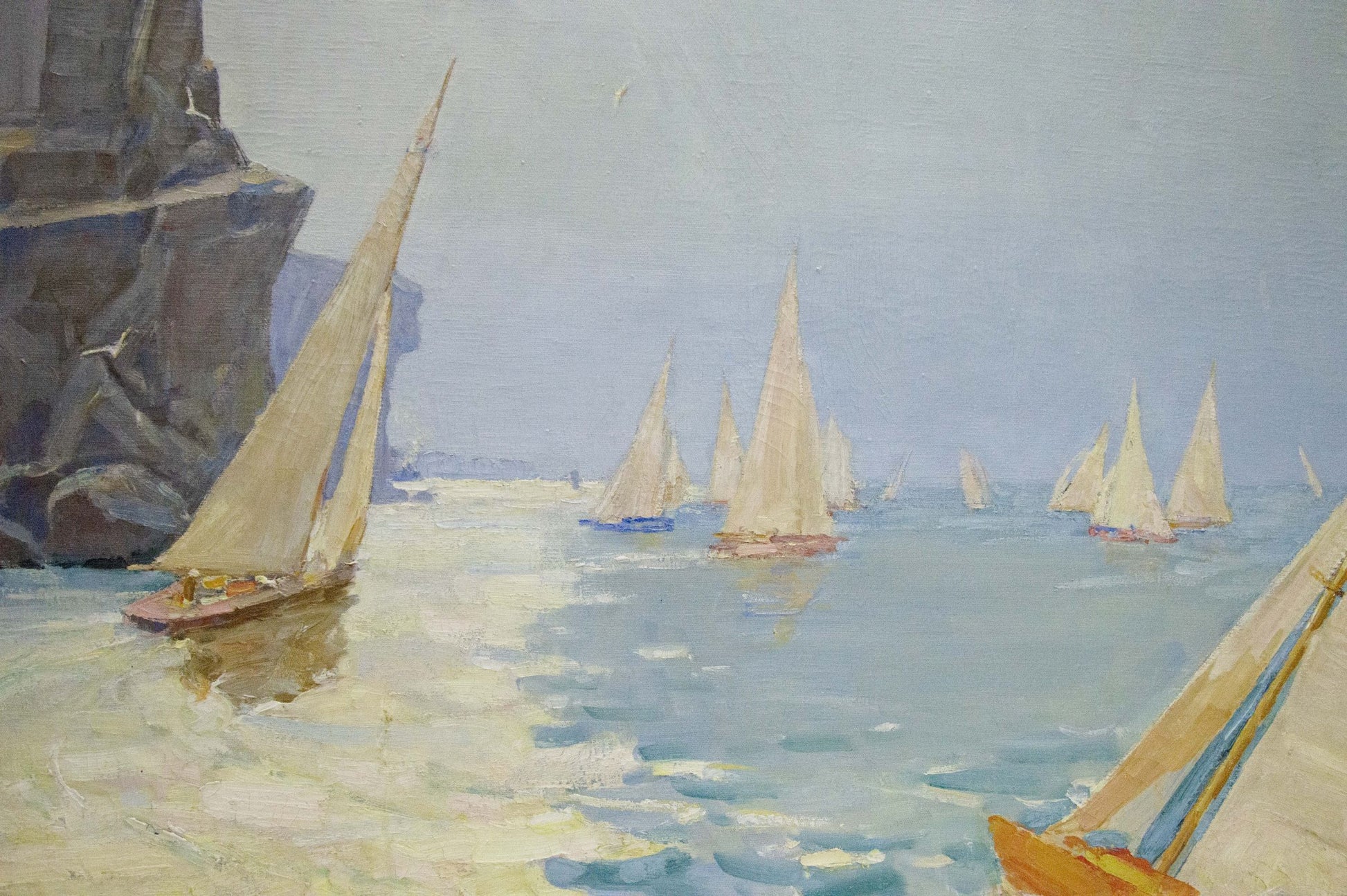 Oil painting Near the shore by Vladimir Kozyuk: sailboats by cliffs