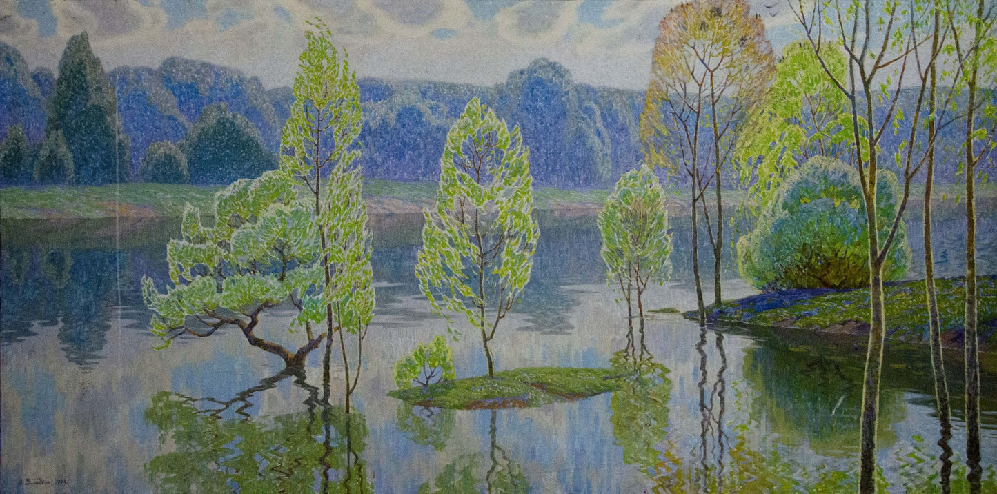 Serene impressionist oil painting by Zlyden Yuri Fedorovich, trees reflected in calm river