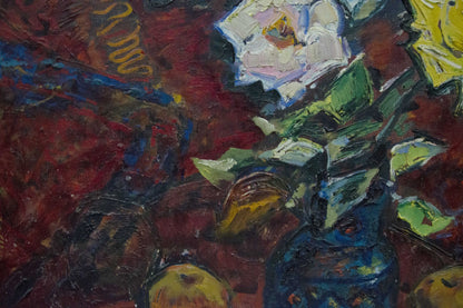 Vibrant white rose oil painting by Sakhnenko Victor Ivanovich on red background