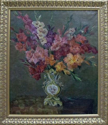 Oil painting by Maria Glushchenko: vase with vibrant gladiolus bouquet