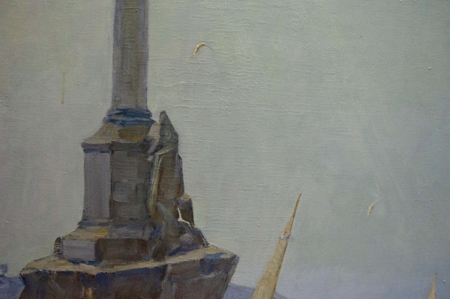 Oil painting Near the shore by Vladimir Kozyuk: stone monument with tall column and sculpted figure at base