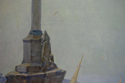 Oil painting Near the shore by Vladimir Kozyuk: stone monument with tall column and sculpted figure at base