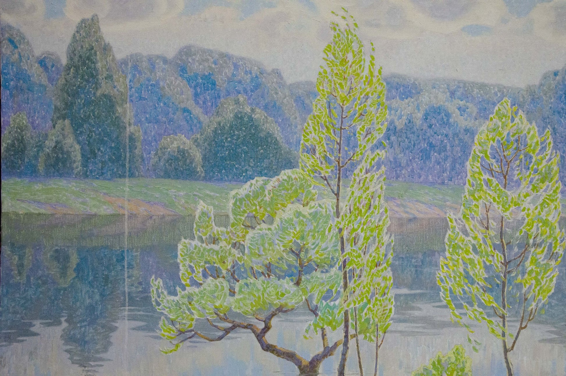 Oil painting River landscape by Zlyden Yuri Fedorovich: serene green trees reflected in calm water