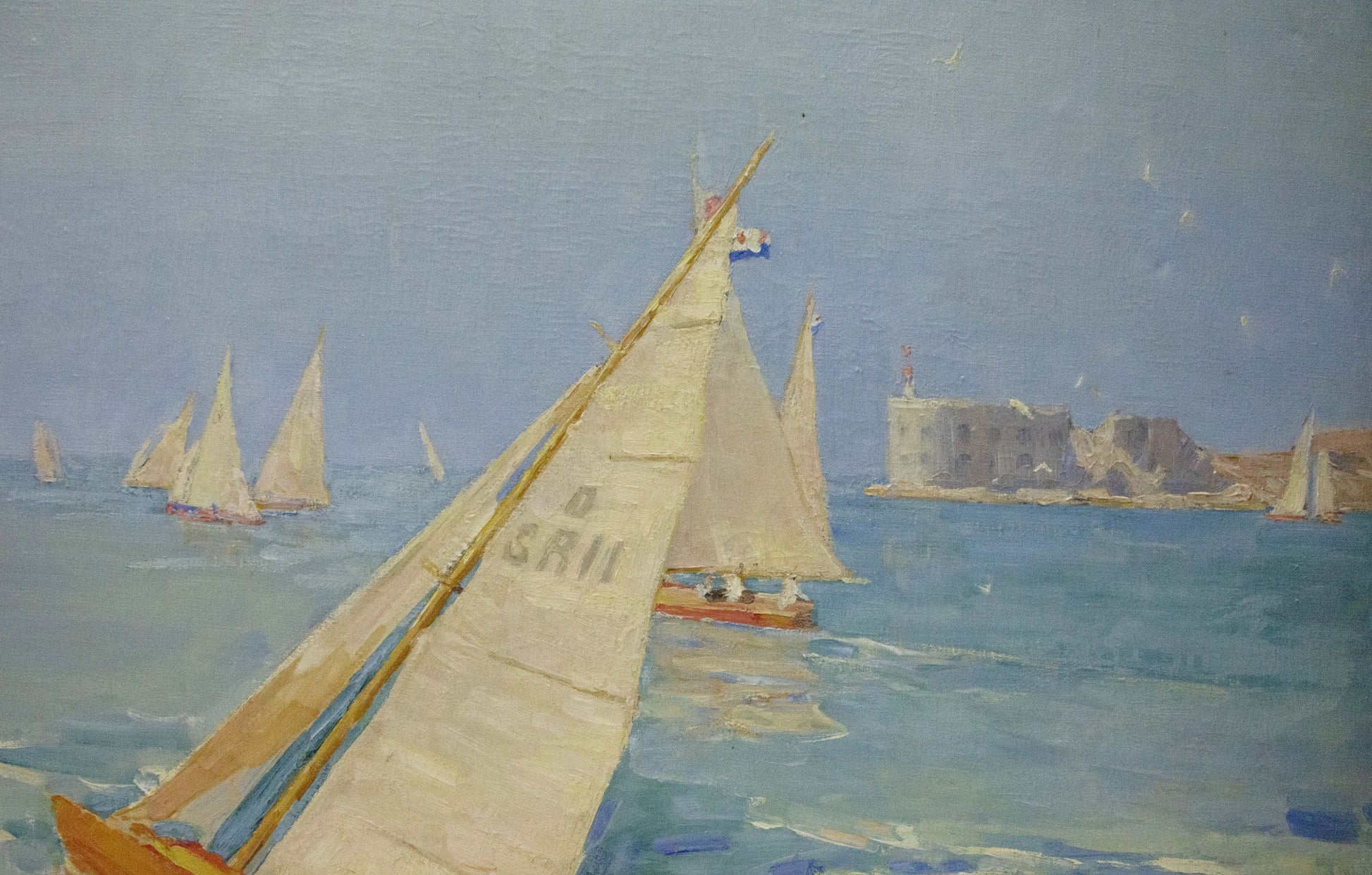 Oil painting Near the shore by Vladimir Kozyuk: sailboat with cream sails marked d sail
