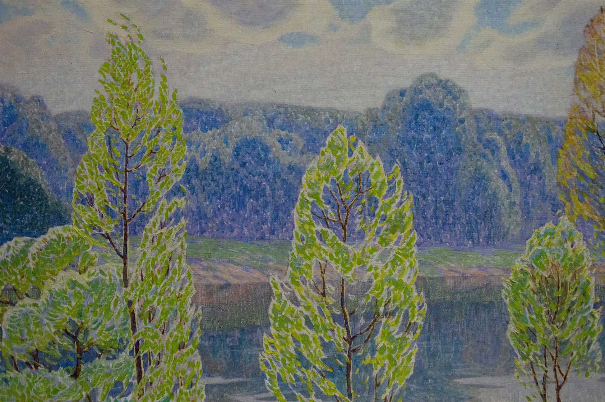 Oil painting of river landscape with tall green trees by Zlyden Yuri Fedorovich