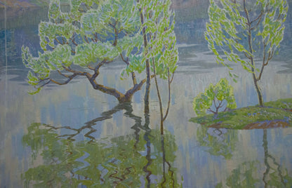 Serene impressionistic oil painting by Zlyden Yuri Fedorovich, trees reflected in rippling river