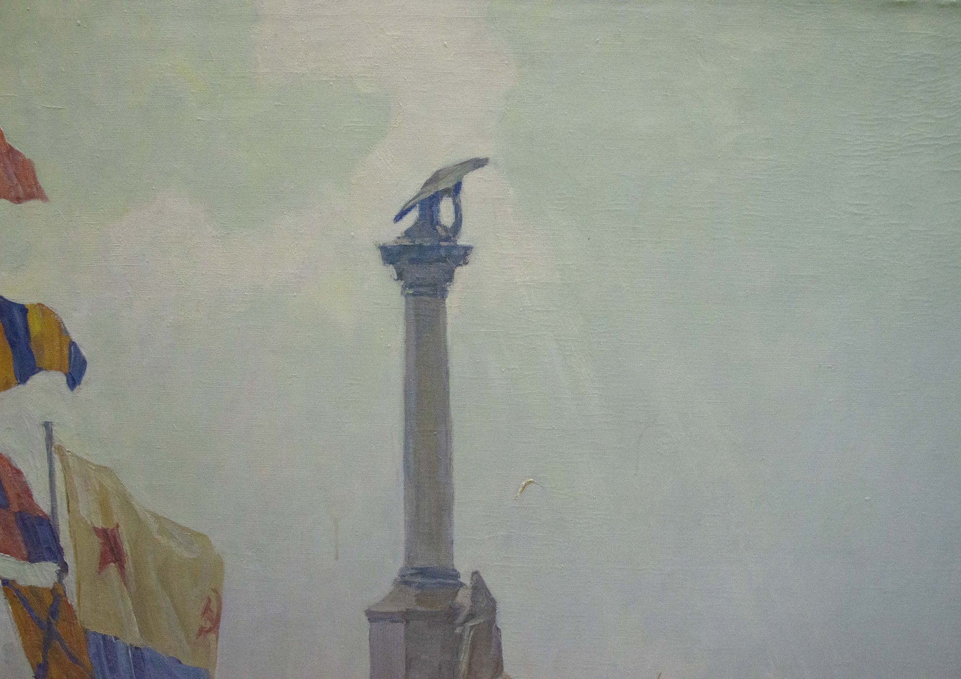 Oil painting Near the shore by Vladimir Kozyuk: tall gray stone column with dark bird sculpture