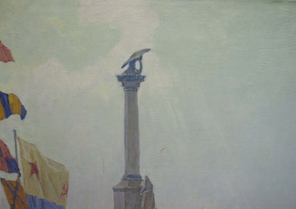 Oil painting Near the shore by Vladimir Kozyuk: tall gray stone column with dark bird sculpture