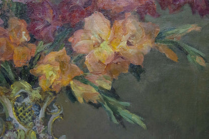 Oil painting by Maria Glushchenko: orange yellow gladiolus in gilded vase
