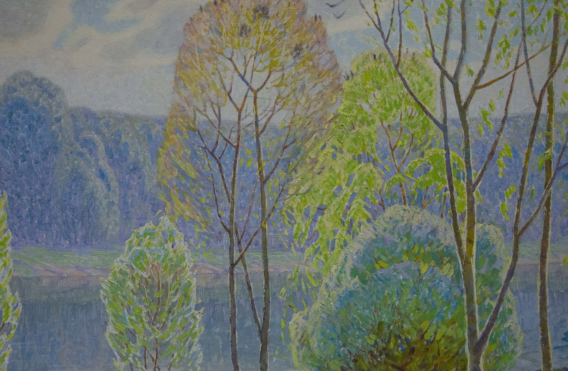 Serene impressionistic oil painting by Zlyden Yuri Fedorovich with tall trees