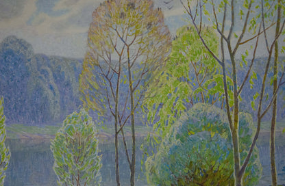 Serene impressionistic oil painting by Zlyden Yuri Fedorovich with tall trees