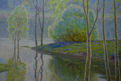 Serene impressionistic oil painting by Zlyden Yuri Fedorovich, trees reflected in calm water