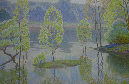 Serene river landscape oil painting by Zlyden Yuri Fedorovich