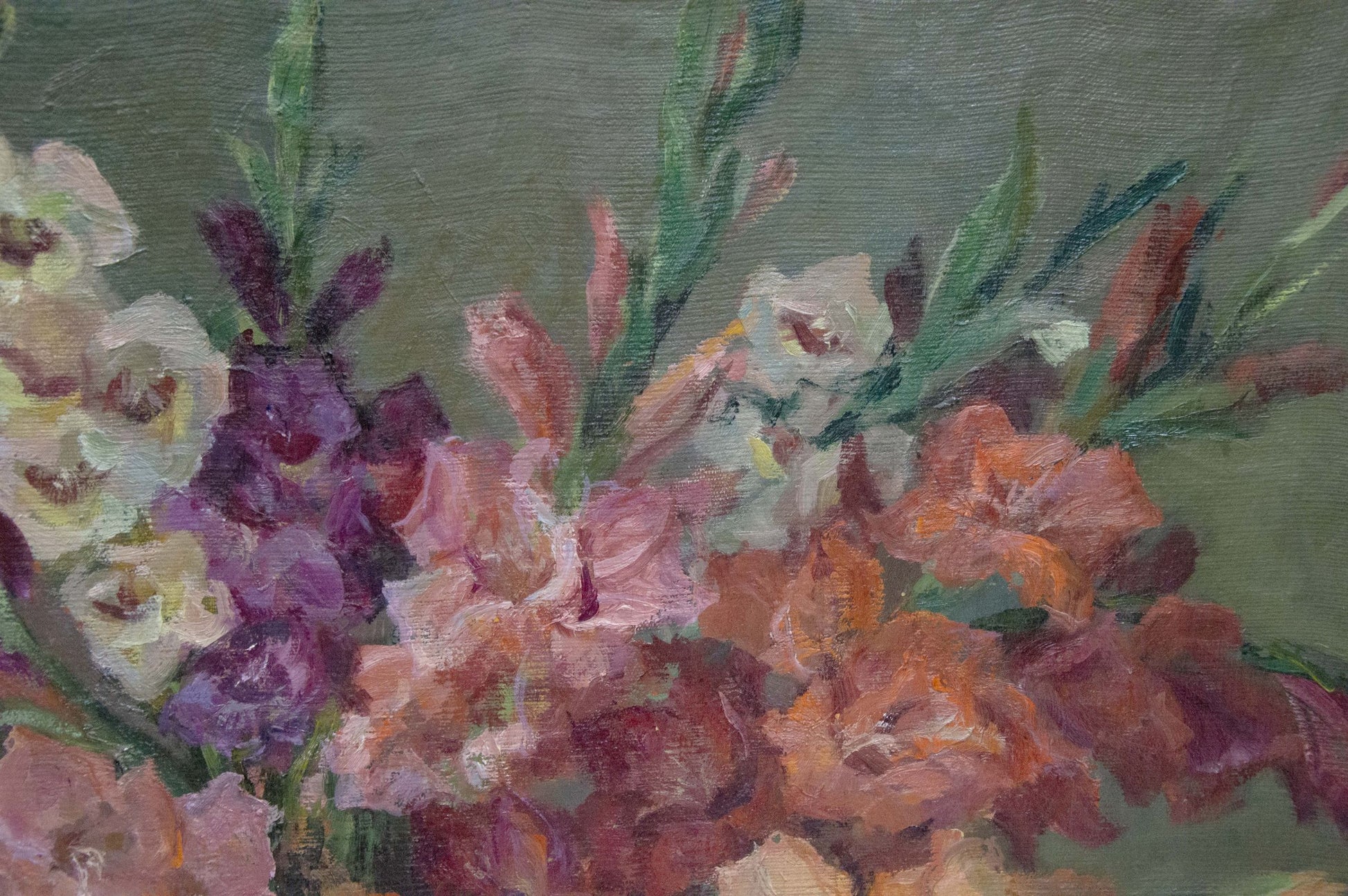 Oil painting of vase with vibrant pink purple white gladiolus by Maria Glushchenko