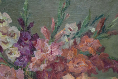 Oil painting of vase with vibrant pink purple white gladiolus by Maria Glushchenko