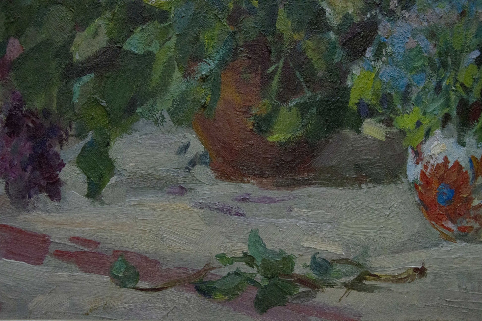 Oil painting of textured brown ceramic vase in lush foliage by Khromenko Gleb Nikolaevich