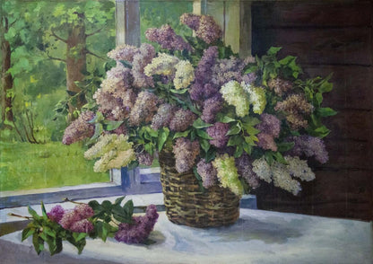 Oil painting of lilac near window in woven basket, unknown artist