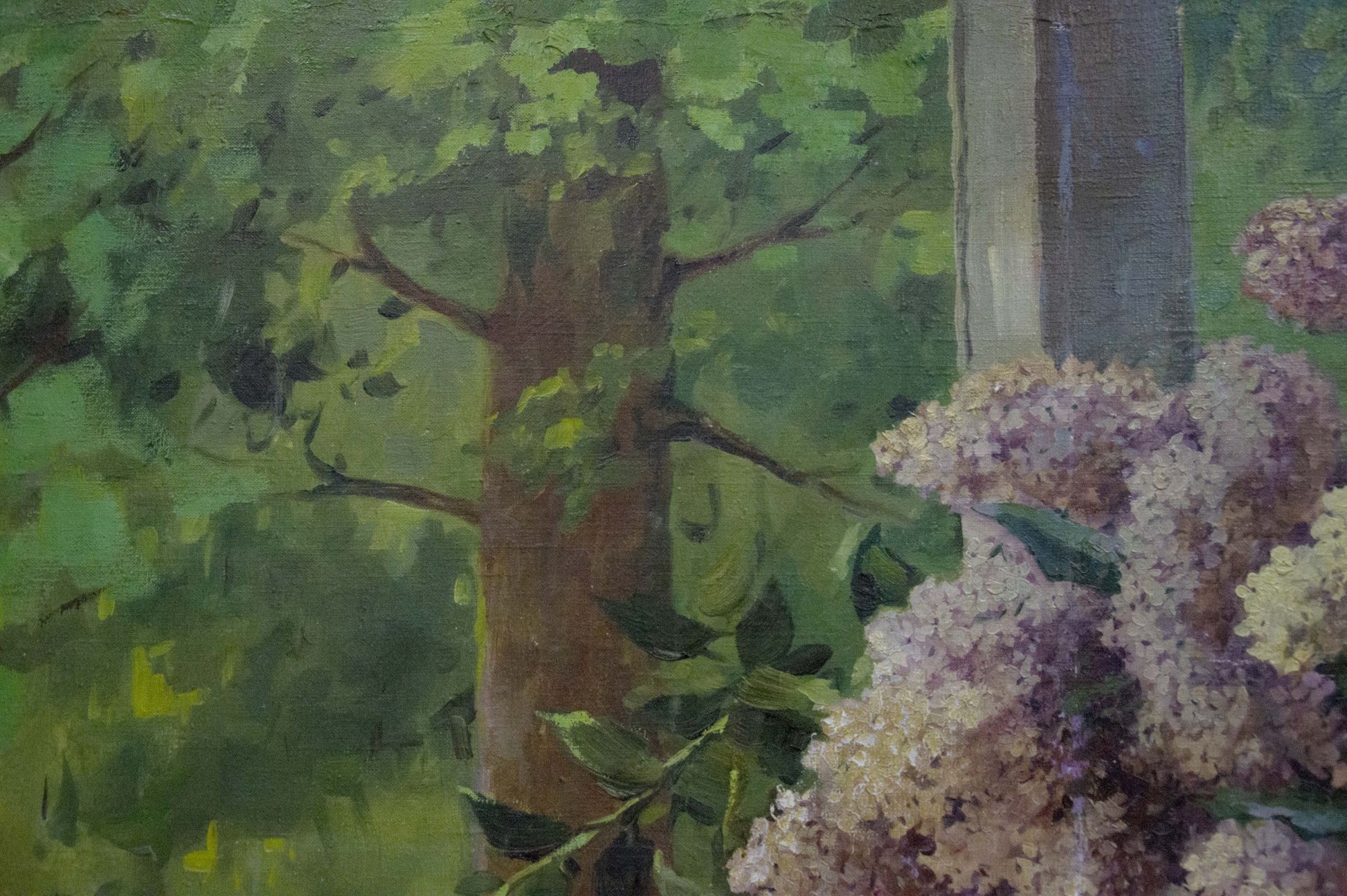 Oil painting of lilac near window with lavender pink hydrangeas and green leaves