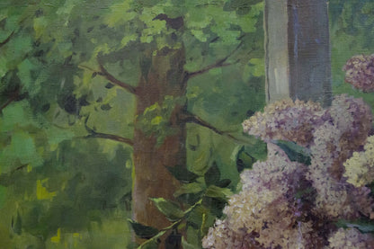 Oil painting of lilac near window with lavender pink hydrangeas and green leaves