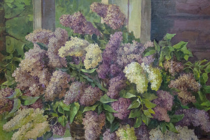 Oil painting of lilacs near window in purple and white hues